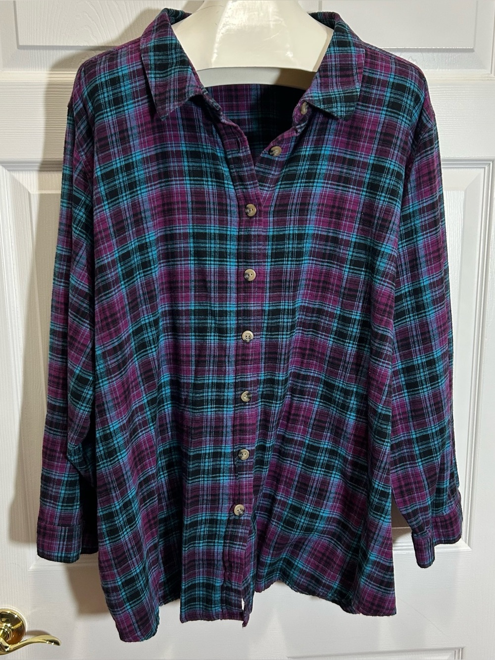 Woman Within Teal and Purple Plaid Button-Down Shirt